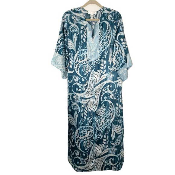 Oscar de la Renta Dresses & Skirts - Oscar de la Renta Teal Floral Paisley Print Kaftan Silky Lounge Dress Oversized